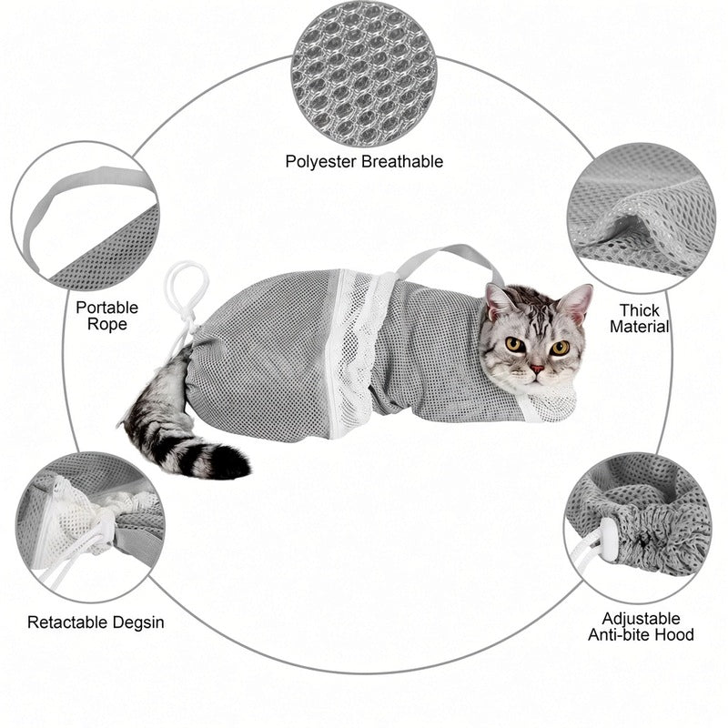 Cat Bath Mesh Bag, Portable Mesh Shower Bag, Cute Safe Adjustable Drawstring Design Travel Bathing Bag for Cats Grooming, Grooming Supplies，Nail Trimming, Injection， Bath Accessory, Pet Tools