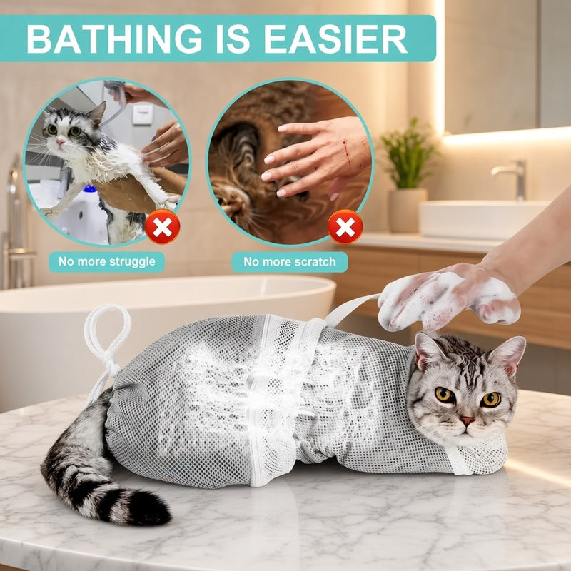 Cat Bath Mesh Bag, Portable Mesh Shower Bag, Cute Safe Adjustable Drawstring Design Travel Bathing Bag for Cats Grooming, Grooming Supplies，Nail Trimming, Injection， Bath Accessory, Pet Tools