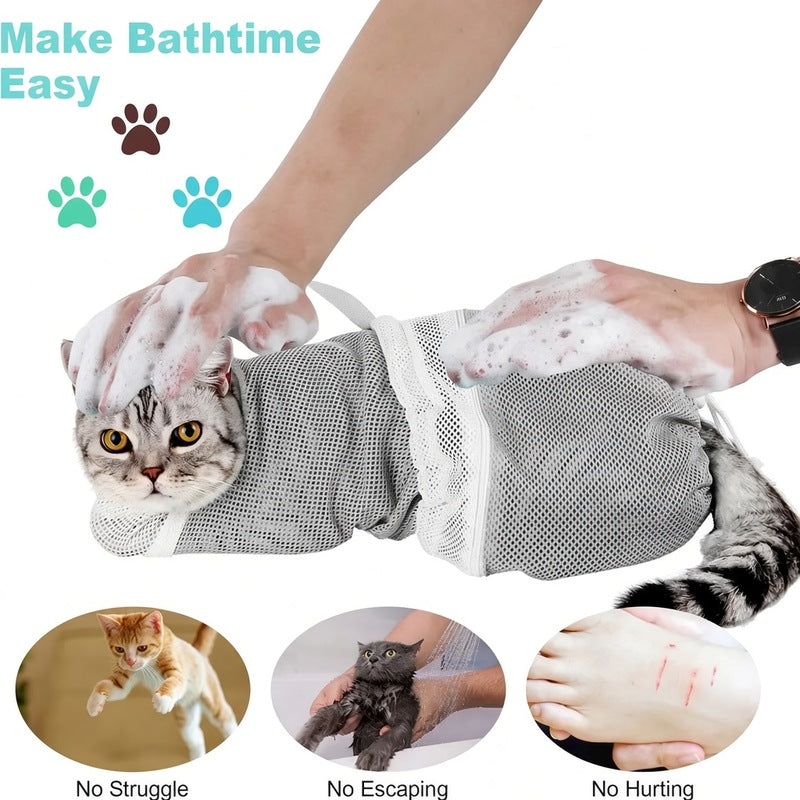 Cat Bath Mesh Bag, Portable Mesh Shower Bag, Cute Safe Adjustable Drawstring Design Travel Bathing Bag for Cats Grooming, Grooming Supplies，Nail Trimming, Injection， Bath Accessory, Pet Tools
