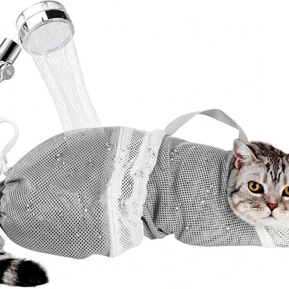 Cat Bath Mesh Bag, Portable Mesh Shower Bag, Cute Safe Adjustable Drawstring Design Travel Bathing Bag for Cats Grooming, Grooming Supplies，Nail Trimming, Injection， Bath Accessory, Pet Tools