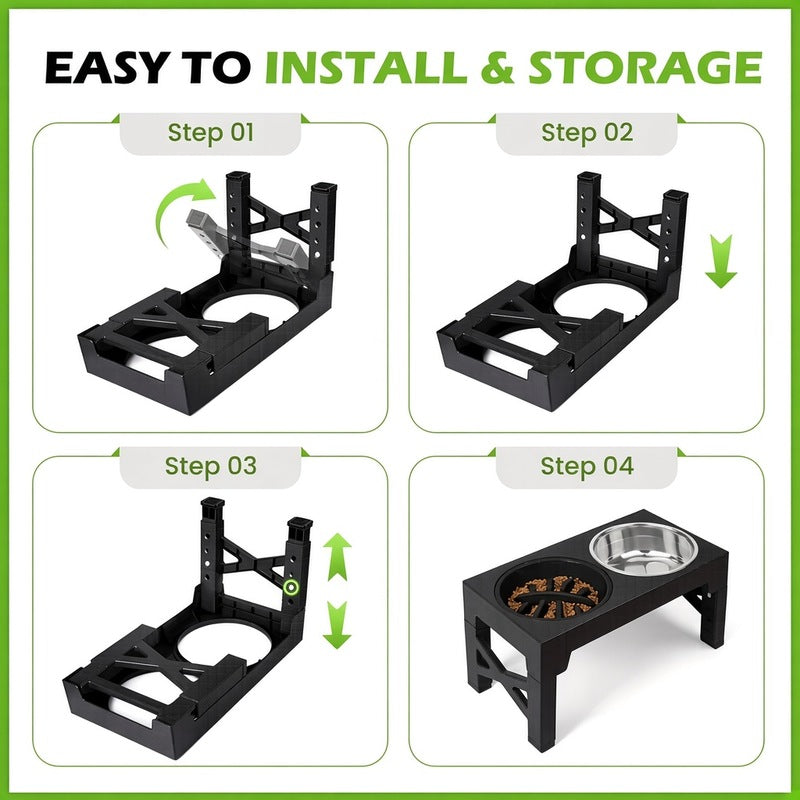 Adjustable Height Elevated Dog Feeding Stand & Kit - 5 Settings (3.2"-12.2"), 2 Stainless Steel Elevated Feeding Bowls, 1 Slow-Feed Bowl/Dish for Small to Large Pets