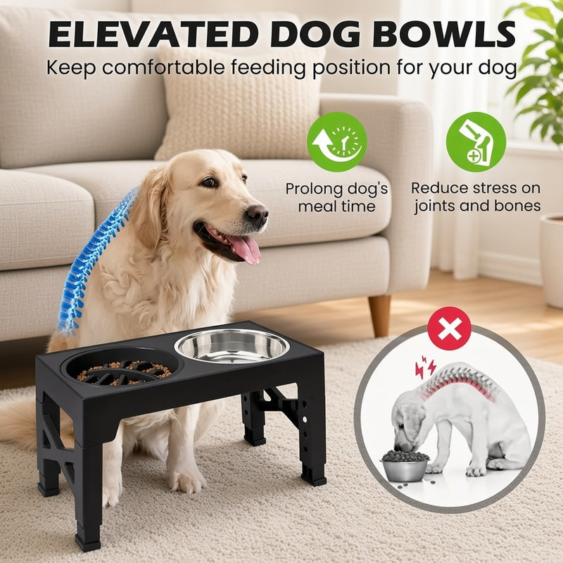 Adjustable Height Elevated Dog Feeding Stand & Kit - 5 Settings (3.2"-12.2"), 2 Stainless Steel Elevated Feeding Bowls, 1 Slow-Feed Bowl/Dish for Small to Large Pets