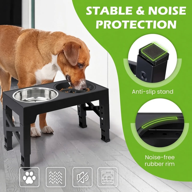 Adjustable Height Elevated Dog Feeding Stand & Kit - 5 Settings (3.2"-12.2"), 2 Stainless Steel Elevated Feeding Bowls, 1 Slow-Feed Bowl/Dish for Small to Large Pets