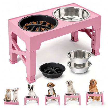 Adjustable Height Elevated Dog Feeding Stand & Kit - 5 Settings (3.2"-12.2"), 2 Stainless Steel Elevated Feeding Bowls, 1 Slow-Feed Bowl/Dish for Small to Large Pets