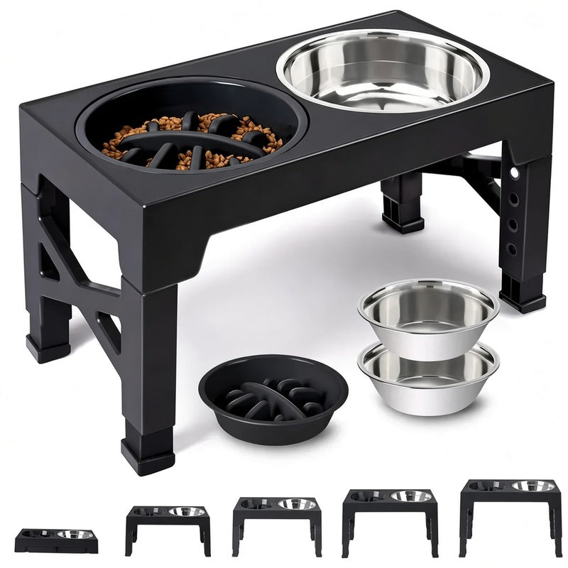 Adjustable Height Elevated Dog Feeding Stand & Kit - 5 Settings (3.2"-12.2"), 2 Stainless Steel Elevated Feeding Bowls, 1 Slow-Feed Bowl/Dish for Small to Large Pets