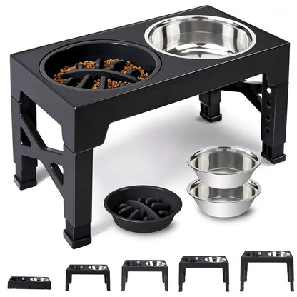 Adjustable Height Elevated Dog Feeding Stand & Kit - 5 Settings (3.2"-12.2"), 2 Stainless Steel Elevated Feeding Bowls, 1 Slow-Feed Bowl/Dish for Small to Large Pets