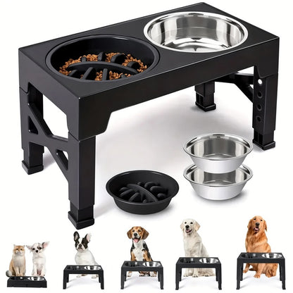 Adjustable Height Elevated Dog Feeding Stand & Kit - 5 Settings (3.2"-12.2"), 2 Stainless Steel Elevated Feeding Bowls, 1 Slow-Feed Bowl/Dish for Small to Large Pets