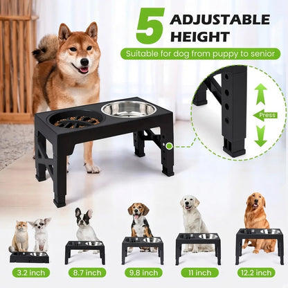 Adjustable Height Elevated Dog Feeding Stand & Kit - 5 Settings (3.2"-12.2"), 2 Stainless Steel Elevated Feeding Bowls, 1 Slow-Feed Bowl/Dish for Small to Large Pets