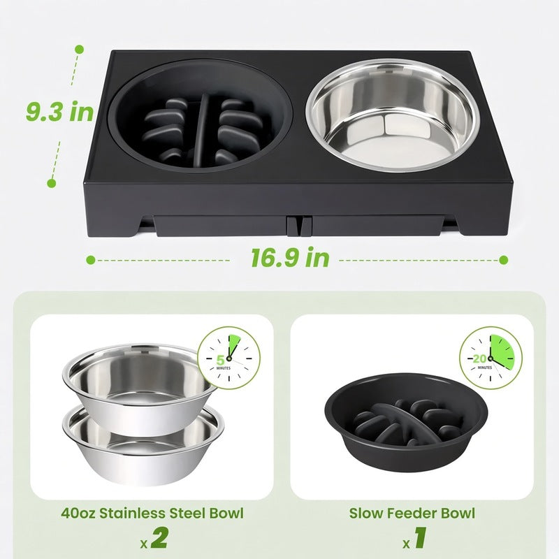 Adjustable Height Elevated Dog Feeding Stand & Kit - 5 Settings (3.2"-12.2"), 2 Stainless Steel Elevated Feeding Bowls, 1 Slow-Feed Bowl/Dish for Small to Large Pets