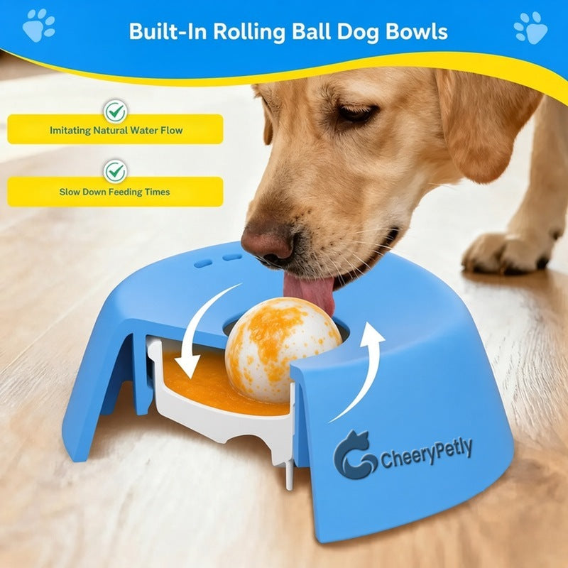 Yipetor Slow Feeder Dog Bowl - Built-In Rolling Ball, Splash-Free, No Spill for Liquid Treats, Bone Broth, Yogurt - Travel-Ready Parts for All Breeds Feeding (Dietary Supplement/Post-Op Nutrition)